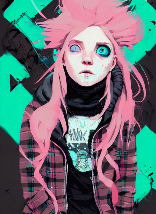 Image similar to highly detailed portrait of a sewer punk lady student, blue eyes, tartan hoody, pink hair by atey ghailan, by greg rutkowski, by greg tocchini, by james gilleard, by joe fenton, by kaethe butcher, gradient green, black, brown and magenta color scheme, grunge aesthetic!!! ( ( graffiti tag wall background ) )