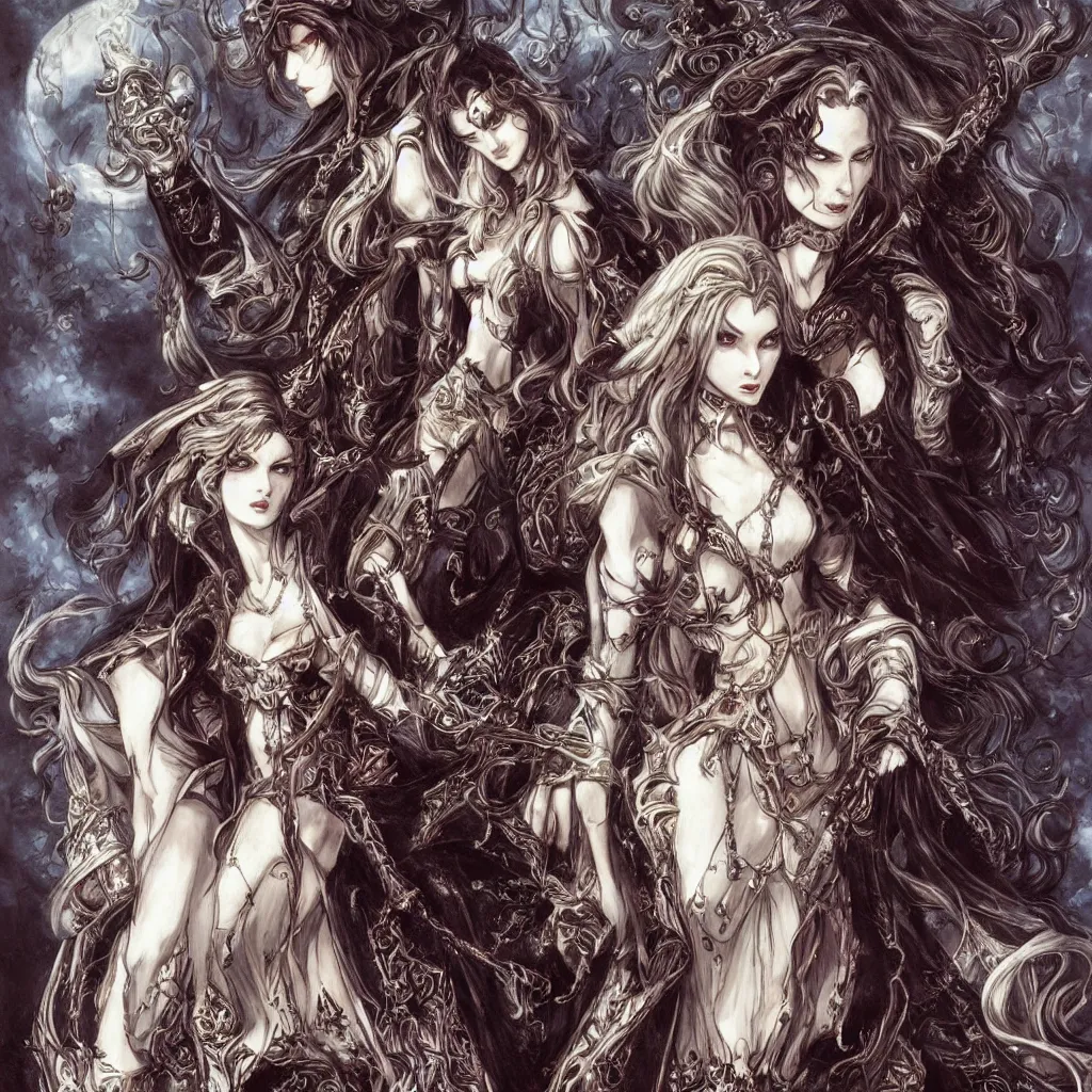 Image similar to elegant vampires, long hair, baroque, fancy clothing, striking beauty, extremely detailed, castlevania, concept art by ayami kojima