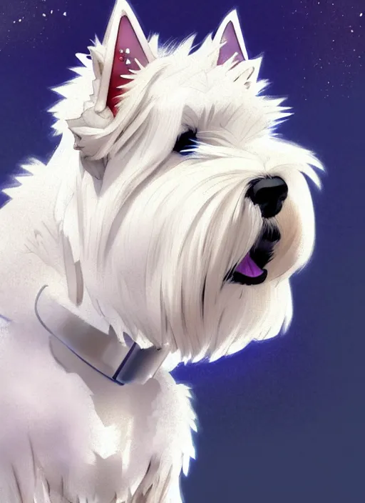 Image similar to a west highland white terrier sitting politely, facing the camera, anime art style, wearing futuristic, led - lit armor, and a cannon mounted on his back, portrait, high detail, sharp focus, digital painting, artstation, concept art, art by hayao miyazaki and artgerm and greg rutkowski and alphonse mucha.