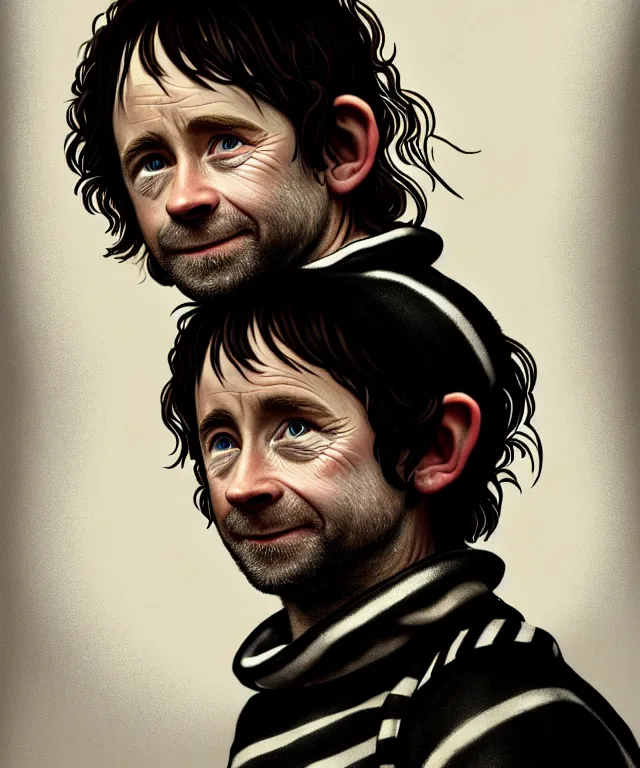 Image similar to a detailed fifty mm portrait of billy boyd as a hobbit in a black adidas track suit with white stripes, headshot, highly detailed, digital painting, artstation, concept art, sharp focus, cinematic lighting, illustration, art by met mangindaan, artgerm and greg rutkowski, alphonse mucha, cgsociety