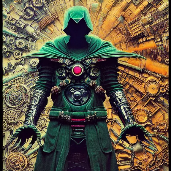 Image similar to symmetric frame of dr doom power armour from Doctor Strange movie, dr doom in ornate scale armour, byguo pei and alexander mcqueen metal couture editorial, eldritch epic monumental attack by beksinski by Yuko Shimizu