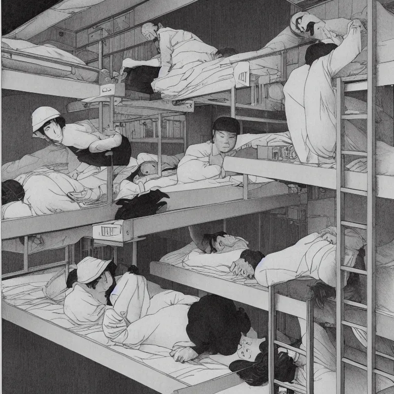 Prompt: as monochrome image of workers exploited, living in hostels with bunk beds stacked on top of bunk beds, by kawase hasui, moebius and edward hopper, colorful flat surreal design, hd, 8 k, artstation