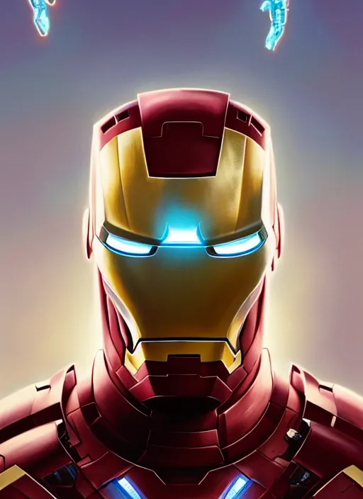 Image similar to highly detailed portrait of iron man, stephen bliss, unreal engine, greg rutkowski, loish, rhads, beeple, makoto shinkai and lois van baarle, ilya kuvshinov, rossdraws, tom bagshaw, tom whalen, alphonse mucha, global illumination, god rays, detailed and intricate environment