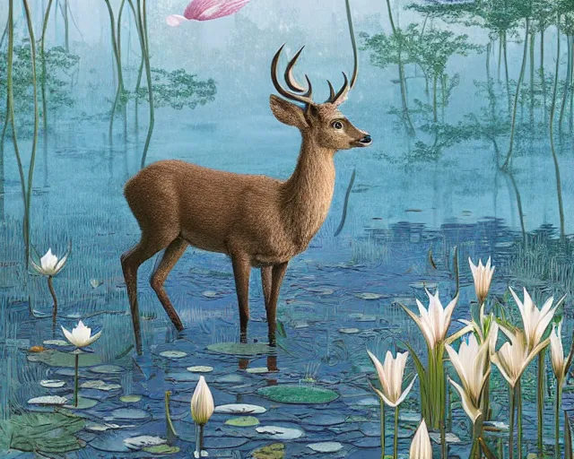 Prompt: a deer spirit walking in shallow water, surrounded by lily pads, digital art, illustrated by james gurney and victo ngai