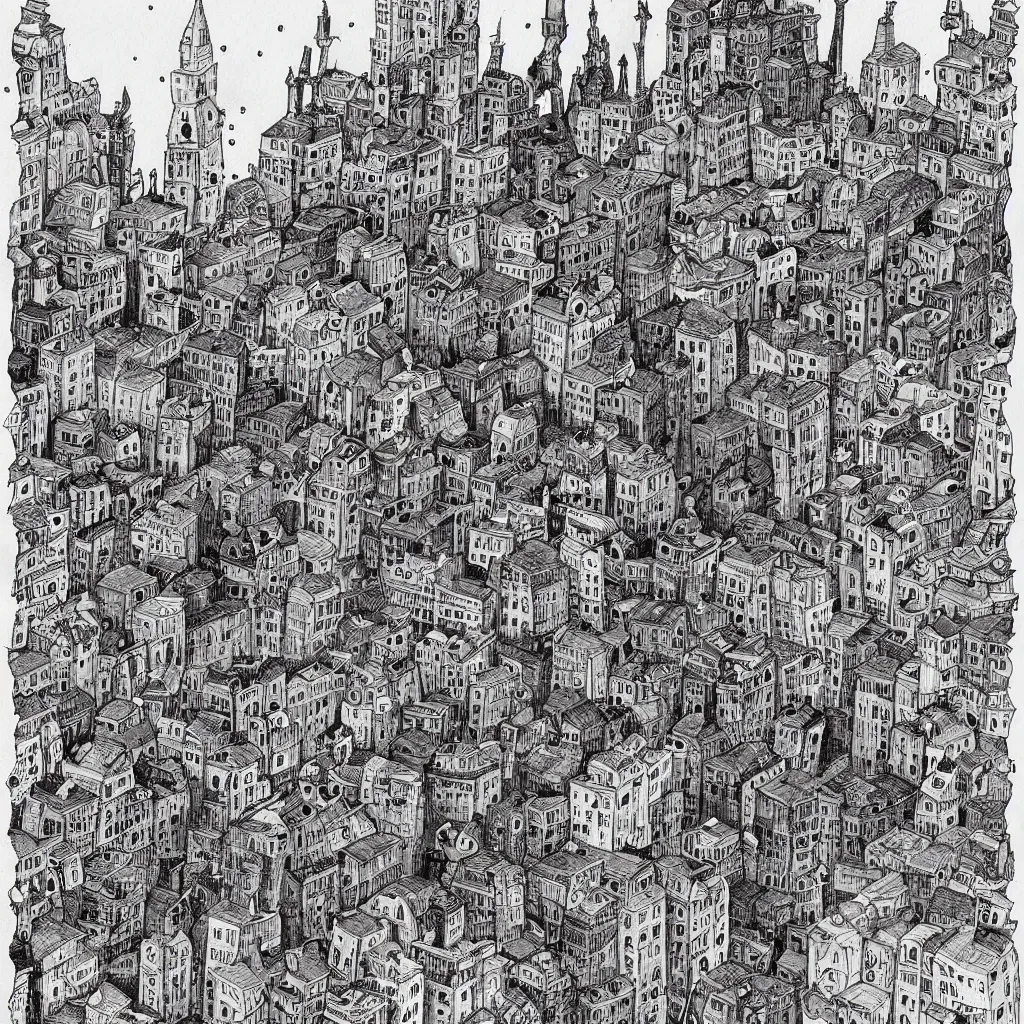 Prompt: city of feeble eldritch creatures, by Mattias Adolfsson!!!!, greeble!!, modern European ink painting, storybook illustration, watercolor