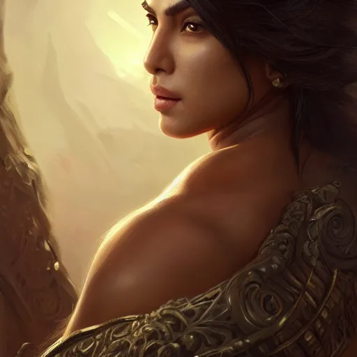 Image similar to portrait of muscular asian priyanka chopra, fantasy, intricate, elegant, highly detailed, digital painting, artstation, concept art, matte, sharp focus, illustration, octane render, unreal engine, art by aenaluck and roberto ferri and greg rutkowski, epic fantasy, digital painting