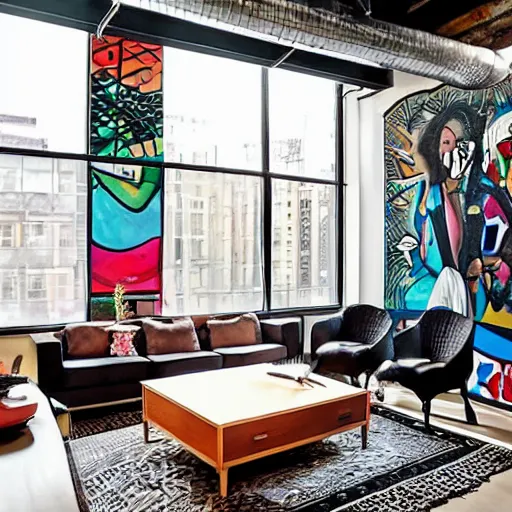 Image similar to trendy downtown loft with modern murals on the wall, modern art and patterns, interior design, beautiful architecture