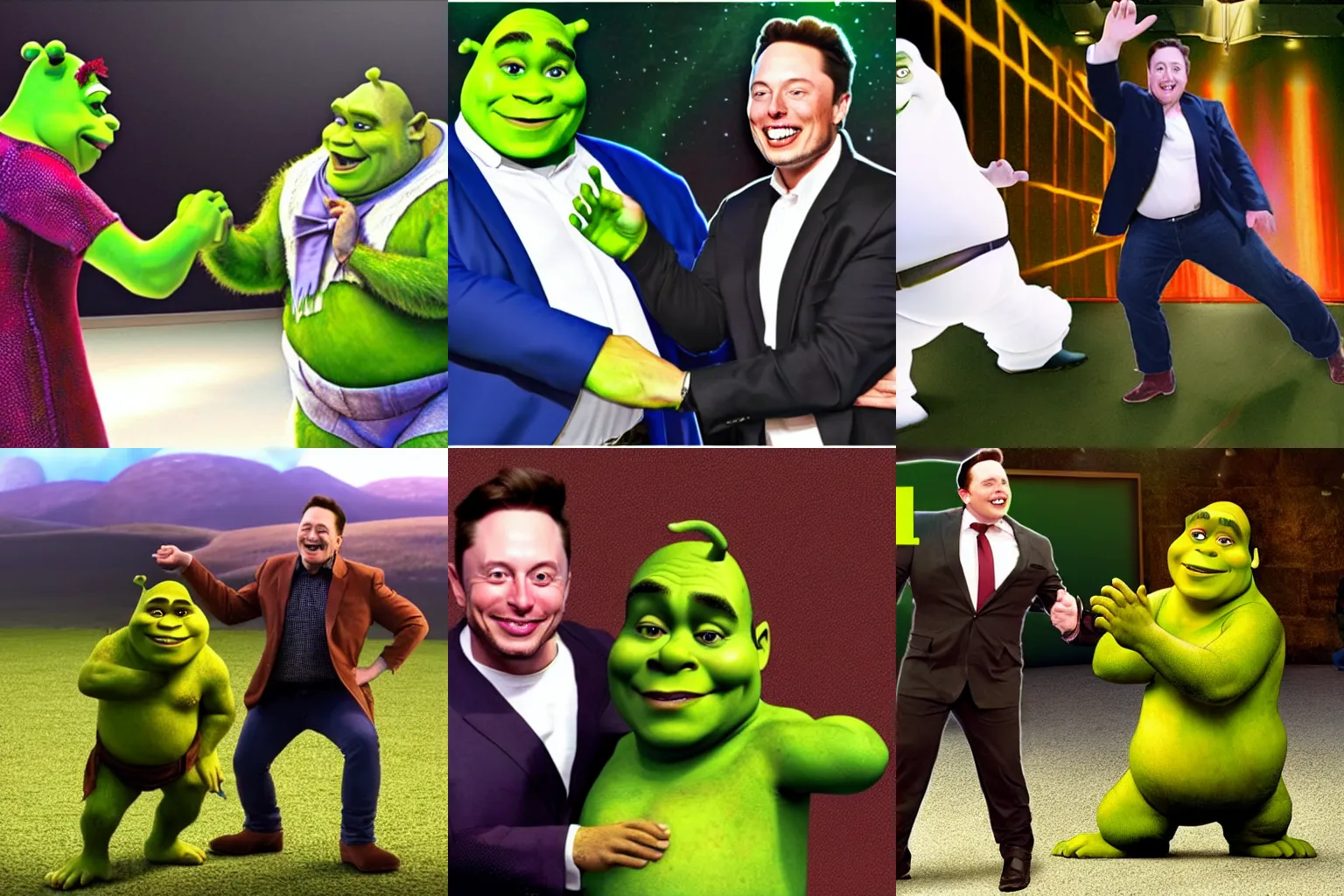 Prompt: Shrek dancing with Elon Musk, hyper realistic, photo