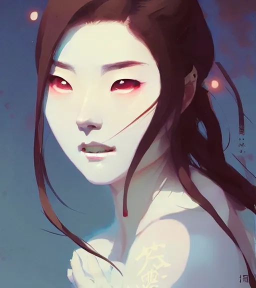 Image similar to portrait of a beautiful alluring immortal japanese goddess by atey ghailan, by greg rutkowski, by greg tocchini, by james gilleard, by joe fenton, by kaethe butcher, by rick wade art, dynamic lighting, gradient light blue, brown, blonde cream and white color scheme, grunge aesthetic