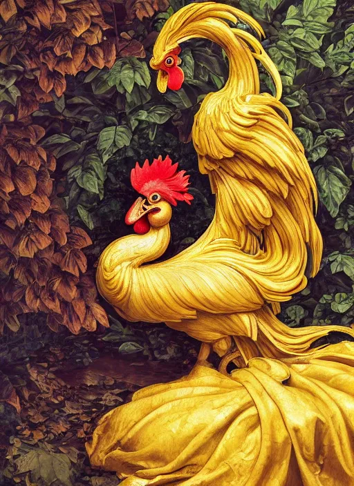 Image similar to masterpiece beautiful seductive flowing curves rooster portrait amongst leaves, extreme close up shot, thick set features, yellow ochre ornate medieval dress, laying amongst foliage mushroom forest circle arch, frederic leighton and kilian eng and rosetti, 4 k