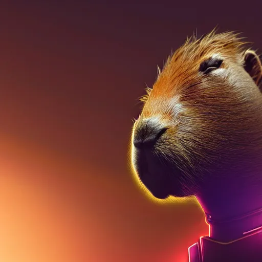 Prompt: wide shot, photo of a capybara head, a huge humanoid capybara-man with a katana, in a heavy futuristic armour without a helmet, hyper realistic, hyper detailed, coherent photo, trending on artstation, cyberpunk, Japanese style, volumetric lightning, neon, electric colours, Cinematic, Dramatic, Film Grain, Kodak Portra, Depth of Field, 15 mm octane render, 4k, raytracing, blender
