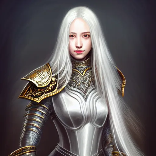 Image similar to portrait digital painting of a woman with flowing luscious glowing white hair standing whilst holding a sword, wearing intricate plate - armor and leather underneath. intricate, elegant, highly detailed, digital painting, artstation, concept art, smooth, sharp focus, illustration, by terry wei, qiu fang, tooth wu, kan liu, siwoo kim, jisu choe