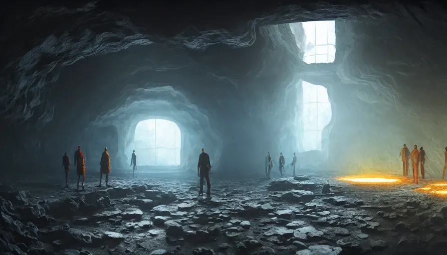 Image similar to high tech nomands exploring abandoned laboratory in volcanic cave, research station, hot lava, scifi, dark scifi, space horror, light, shadows, reflections, steam, epic composition, intricate, elegant, volumetric lighting, digital painting, highly detailed, artstation, sharp focus, illustration, concept art, ruan jia, steve mccurry