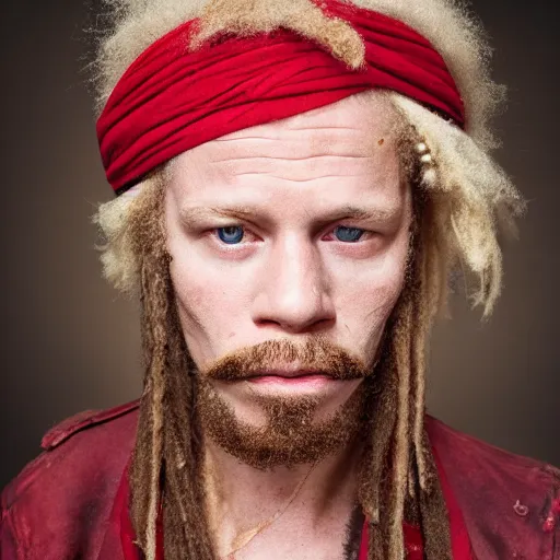 Prompt: photo portrait of an rugged albino african pirate with a red headband and a brown - jacket brown, young adult, thin blonde mustache, afro blonde hair, stern face, rugged and dirty, cinematic lighting at sundawn, movie color grading