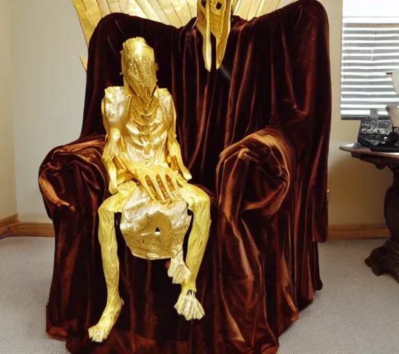 Prompt: the gold cloak enitty sits on the lovecraftian throne H 576