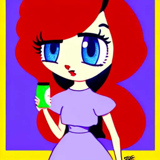 Image similar to the coke logo personified as a cute sprite themed cartoon girl in the style of lavender towne, margaret keane style, large dark eyes, extremely detailed and colorful eyes, digital art, deviant art, soda themed girl, hyper detailed eyes, money sign pupils