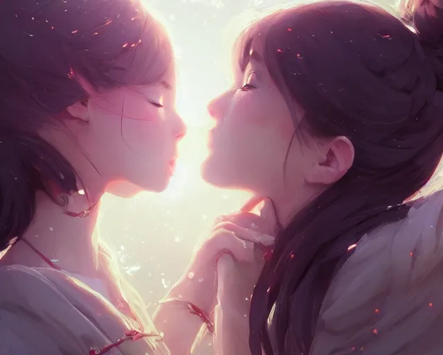 Image similar to two beautiful girls kissing, sharp details, sharp focus, elegant, highly detailed, illustration, by jordan grimmer and greg rutkowski and pine ( ハイネ ) and 薯 子 imoko and 香 川 悠 作 and wlop and maya takamura, intricate, beautiful, trending artstation, pixiv, digital art