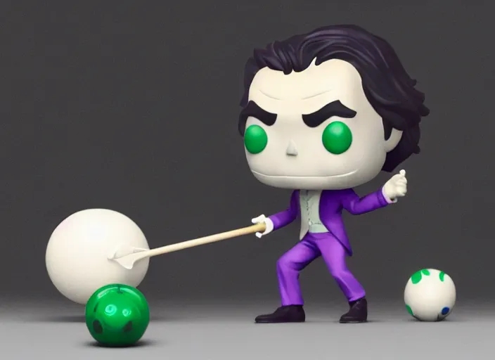 Image similar to full body 3 d render of the joker as a funko pop playing pool, studio lighting, white background, blender, trending on artstation, 8 k, highly detailed