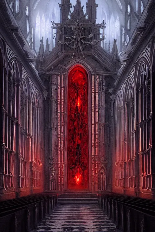 Image similar to a beautiful and terrifying painting with high details of a church made of white bones and skeletons, with white bones in the foreground, red energetic flame burningmovie atmosphere, movie lights, 8 k, light effect, rtx on, trending on artstation, by kilian eng, lee madgwick, bastien lecouffe - deharme