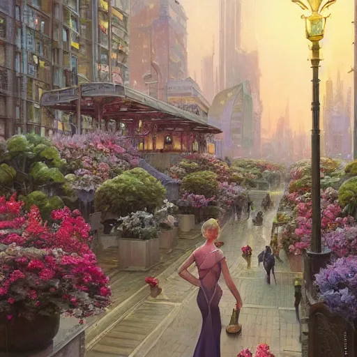 Image similar to a painting of an art - deco cityscape surrounded by flowers, a watercolor and matte painting by donato giancola and mandy jurgens and charlie bowater, cgsociety, artdeco, utopia art, sci - fi, artstation hq