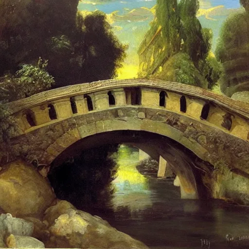 Image similar to modern stylized oil painting of medieval stone bridge, very very very beautiful, funny structure, romanticism by goya, bright art, cinematic dramatic lighting, plants and water