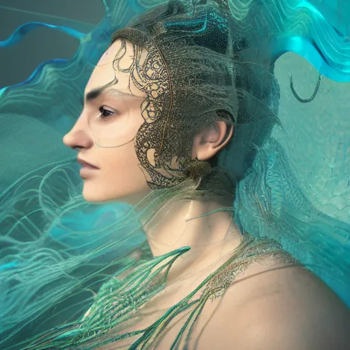 Image similar to a regal brown woman wearing an intricate and detailed armor made of blue and green ocean waves. waves crashing. ocean photography. layers. textures. delicate. translucent. studio portrait. photorealistic. octane render