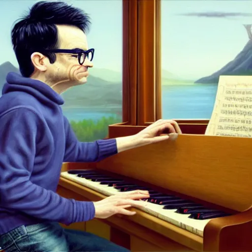 Prompt: An Oil Painting of Rivers Cuomo in a sweater with long hair and a mustache playing his piano in an apartment as a nuke drops onto the city outside his window next to him, hyperrealistic, extremely realistic, highly realistic, HD Quality, 4k resolution, 8k resolution, Detailed, Very Detailed, Highly Detailed, Extremely Detailed, Intricate Details, Real, Very Real, Oil Painting, Digital Painting, Painting, Trending on Deviantart, Trending on Artstation