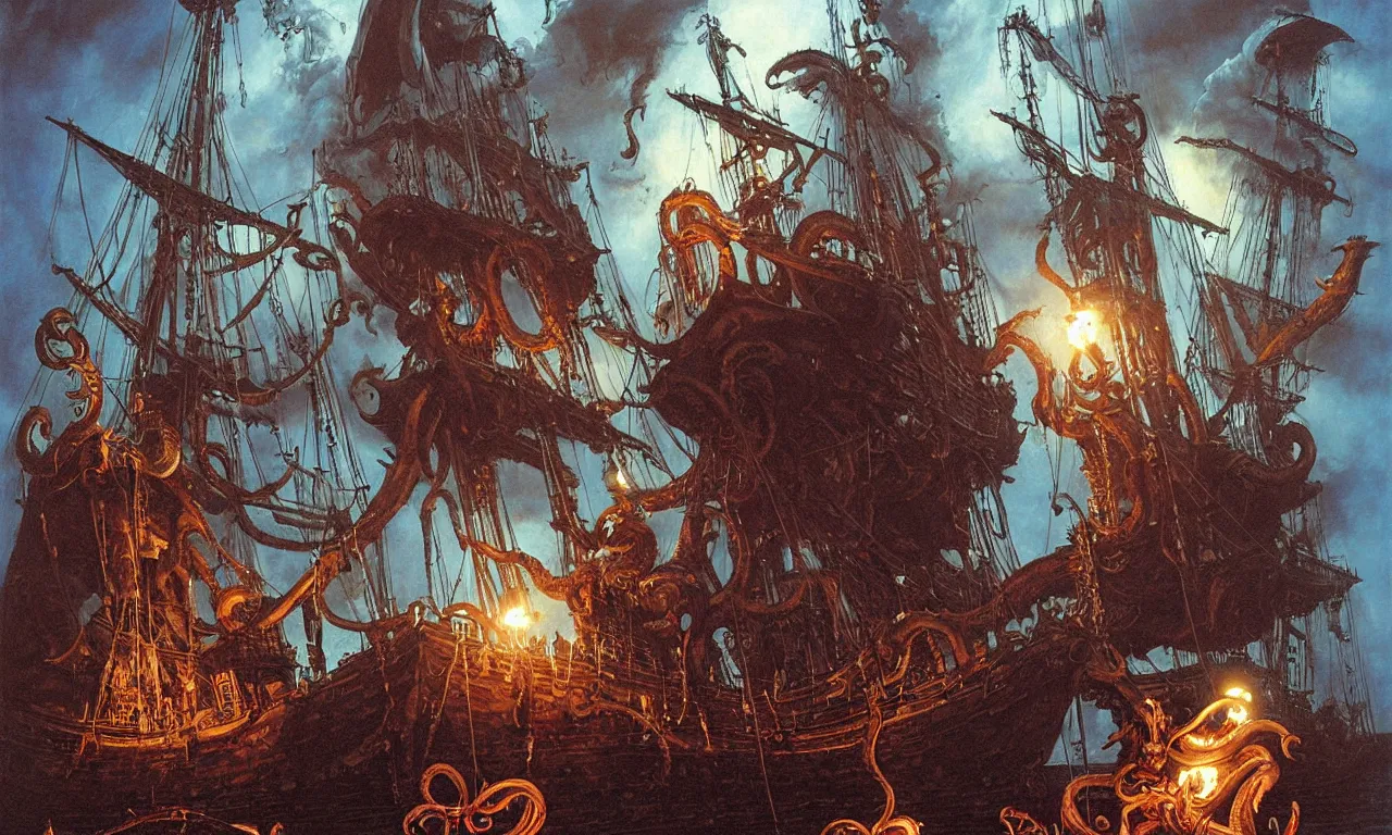 Prompt: a pirate witch summoning a kraken aboard a ghost ship by gerald brom and mark arian and harry ekman and gregory crewsdon