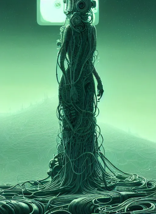 Image similar to highly detailed portrait of a biopunk long curly white hair tribal lady, stray wiring by atey ghailan, james gilleard, by joe fenton, by greg rutkowski, by greg tocchini, by kaethe butcher, 4 k resolution, gradient green, black and white color scheme!!! ( ( irradiated robotic spire landscape background ) )