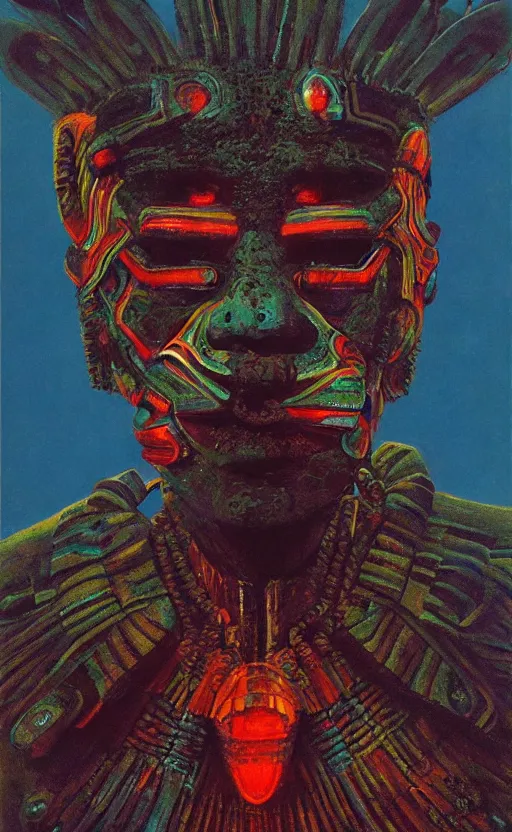 Image similar to portrait of mecha african tribal chief, symmetrical, dramatic lighting, colourful, glowing eyes, art by zdzislaw beksinski,