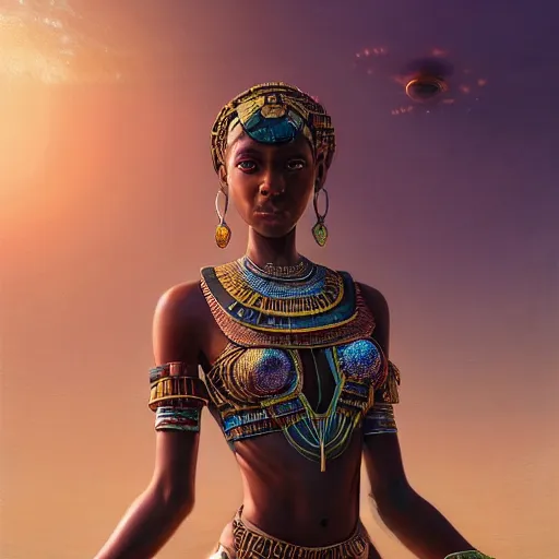 Image similar to highly detailed portrait of an african egyptian goddess, intricate alien technology, stephen bliss, unreal engine, fantasy art by greg rutkowski, loish, rhads, ferdinand knab, makoto shinkai and lois van baarle, ilya kuvshinov, rossdraws, tom bagshaw, global illumination, radiant light, detailed and intricate environment