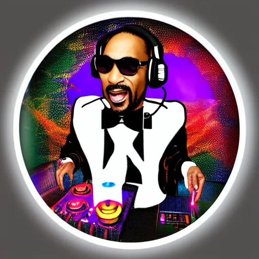 Image similar to svg sticker of a Dancing-Ben-Harper-Snoop-Spike-Lee-with-a-large-Afro-Puff, at a rave, spinning records, giant headphones rocking out, wearing headphones, huge speakers, dancing, rave, DJ, spinning records, digital art, amazing composition, rule-of-thirds, award-winning, trending on artstation, featured on deviantart