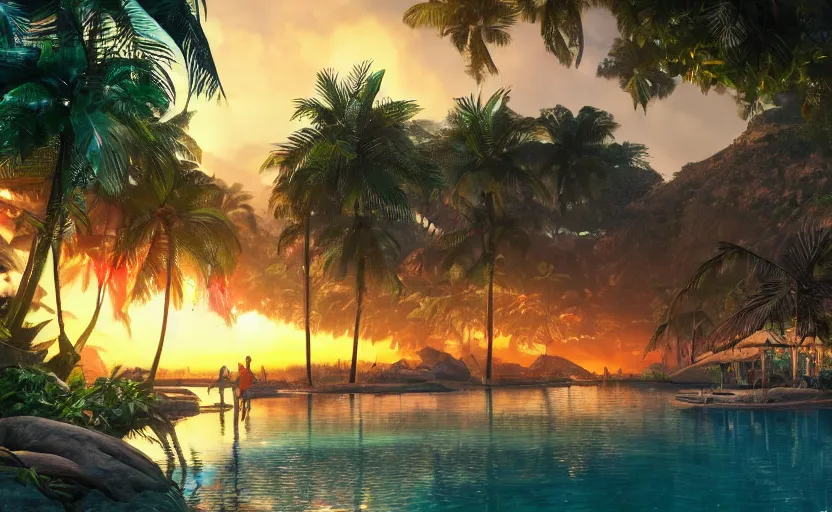 Image similar to a tropical resort in a jungle paradise, with a beautiful red and blue sunset, dynamic lighting, photorealistic fantasy concept art, trending on art station, stunning visuals, creative, cinematic, ultra detailed, ray tracing, sun rays, native tribes, wonderous waters, amazing detail