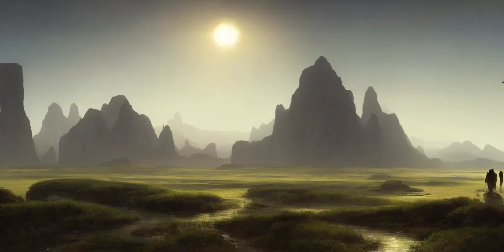 Prompt: a beautiful hyper realistic detailled matte painting of a serene landscape with a dull plains with a black colossus god walking in the foreground and mountains in the background at early evening, by john howe and greg rutkowski and albert bierstadt, unreal engine, trending on artstation, barometric projection, rectilinear, f 8