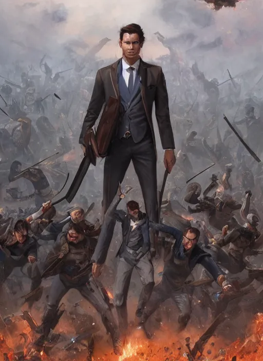 Prompt: epic cinematic action artwork of a man in his twenties with brown hair wearing a blue business suit and holding a briefcase standing defiantly in front of an army of warriors by Greg Rutkowski, 4k, masterpiece