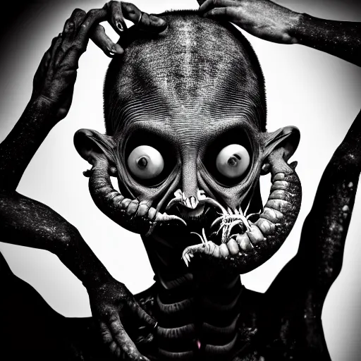 Image similar to artistic photoshoot of a mothan hybrid, grotesque, body horror, mutant shaming, creepy, terrifying, 8 k hdr 8 0 mm wide angle portrait, high contrast black and white, insectoid n