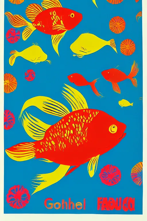 Image similar to goldfish, screen print poster, 1968 psychedelic, san francisco, hippie style