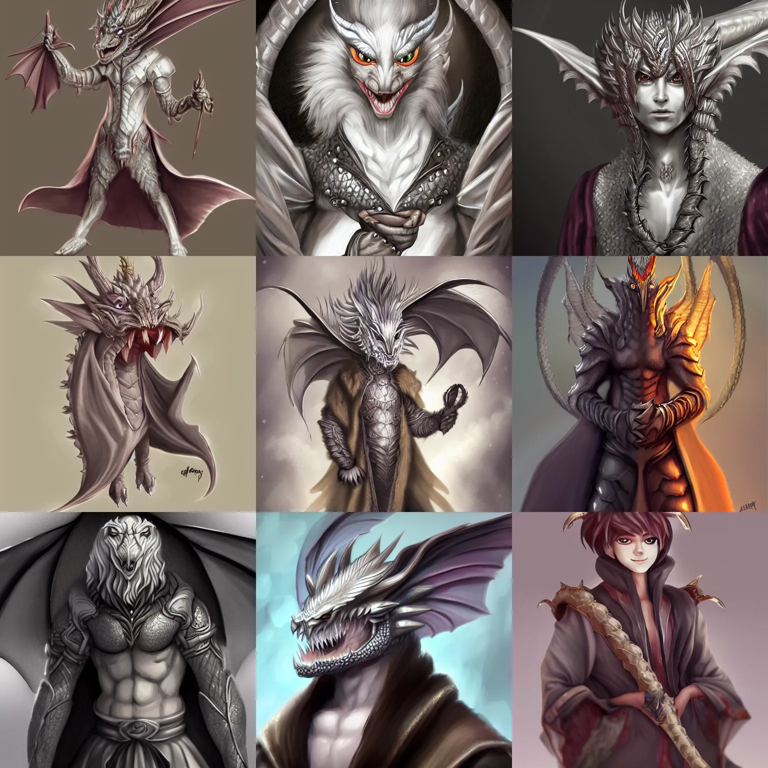 Prompt: very very beautiful anthropomorphic male silver dragon, soft delicate draconic features, cute eyes, evil grin, toned arms, eyelashes, wearing a velvet robe, commission for, artstation, high quality digital art, warm colors