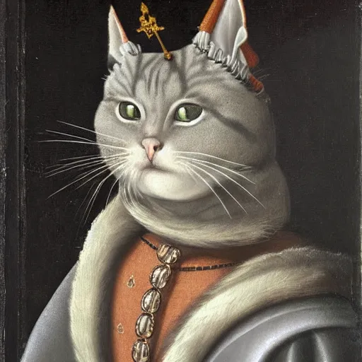 Prompt: a renaissance portrait painting of a grey cat, wearing a crown and cape, dark background,