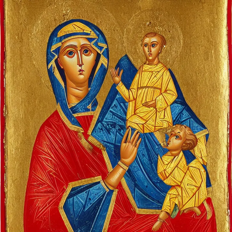 Image similar to byzantine icon depicting mary holding a divine shiba inu god