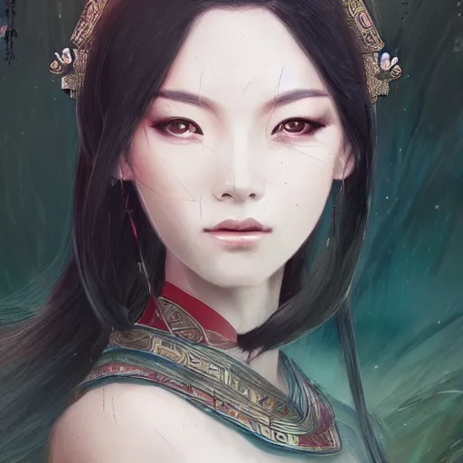 Image similar to ancient chinese dynasty princess, three kingdom, dynasty warriors, standing in an oasis in the desert, elegant, headshot, long black hair, digital painting, smooth, concept art, art by wlop