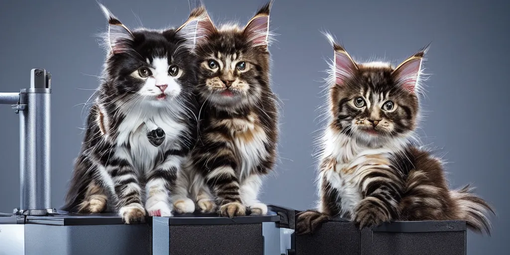Prompt: a 3 d rendered movie still a of maine coon robotic kitten has become a cat scanner. cyberpunk cat tree. science fiction blockbuster movie from the future, imax 7 0 mm. style of mandalorian ( american space western television series )