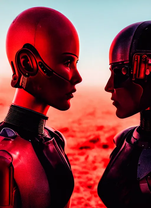 Image similar to cinestill 5 0 d photographic portrait of two loving female androids wearing rugged black techwear on a desolate plain with a red sky, extreme closeup, cyberpunk style, dust storm, 8 k, hd, high resolution, 3 5 mm, f / 3 2, ultra realistic faces, ex machina