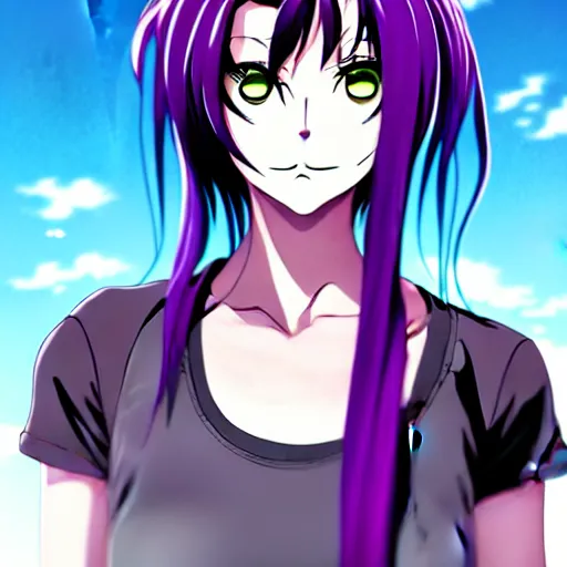 Image similar to style of madhouse studio anime, black lagoon manga, loish, artgerm, comic art, portrait of revy from black lagoon, symmetrical eyes and symmetrical face, jean shorts, white tank top, purple hair, sarcastic evil smirk on face, sky and ocean background