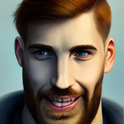 Prompt: tall chunky man in his twenties with brown blond short regular haircut and round facial structure with cleft chin, straight eyebrows, big grey blue eyes, grinning, slightly set back jaw, cheekbones, straight nose, wider face, shadow of beard, atmospheric lighting, painted, intricate, 4 k, highly detailed by charlie bowater