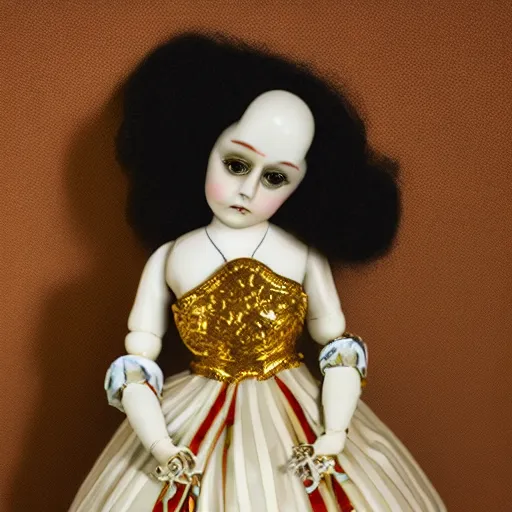 Image similar to ball-jointed doll, porcelain with golden intricate details, dark background