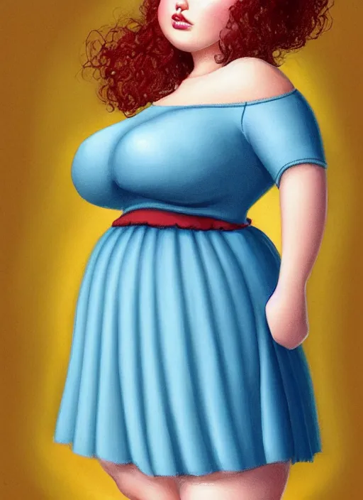 Prompt: full body portrait of teenage betty cooper, obese, bangs, sultry, realistic, sultry smirk, ponytail hairstyle, fluffy bangs, curly bangs, sky blue skirt, fat, belly, intricate, elegant, highly detailed, digital painting, artstation, concept art, smooth, sharp focus, illustration, art by wlop, mars ravelo and greg rutkowski