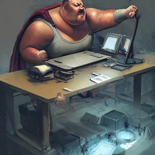 Image similar to a insanely detailed painting of a slightly overweight man wearing a homemade superhero costumed, sitting at a computer desk, nervously and clicking on the mouse, in the style of peter mohrbacher, dramatic lighting and composition, trending on artstation, concept art, comic book, graphic novel