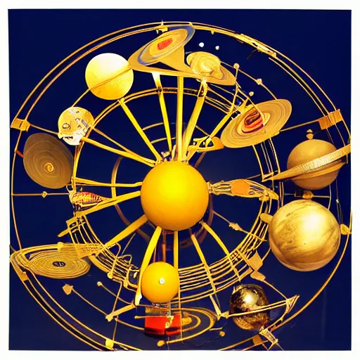 Image similar to a kinetic sculpture of this solar system, sun, orrery, canon 5 d 5 0 mm lens, papier - mache, studio, circa 2 0 3 7