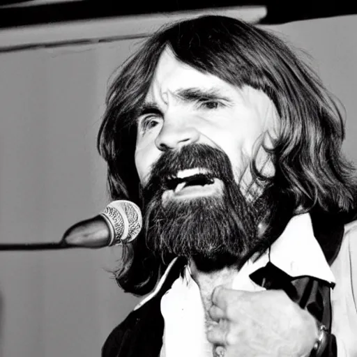 Prompt: charles manson singing with all the beatles, black and white, high quality photography, realistic, detailed, uncropped, realistic face,
